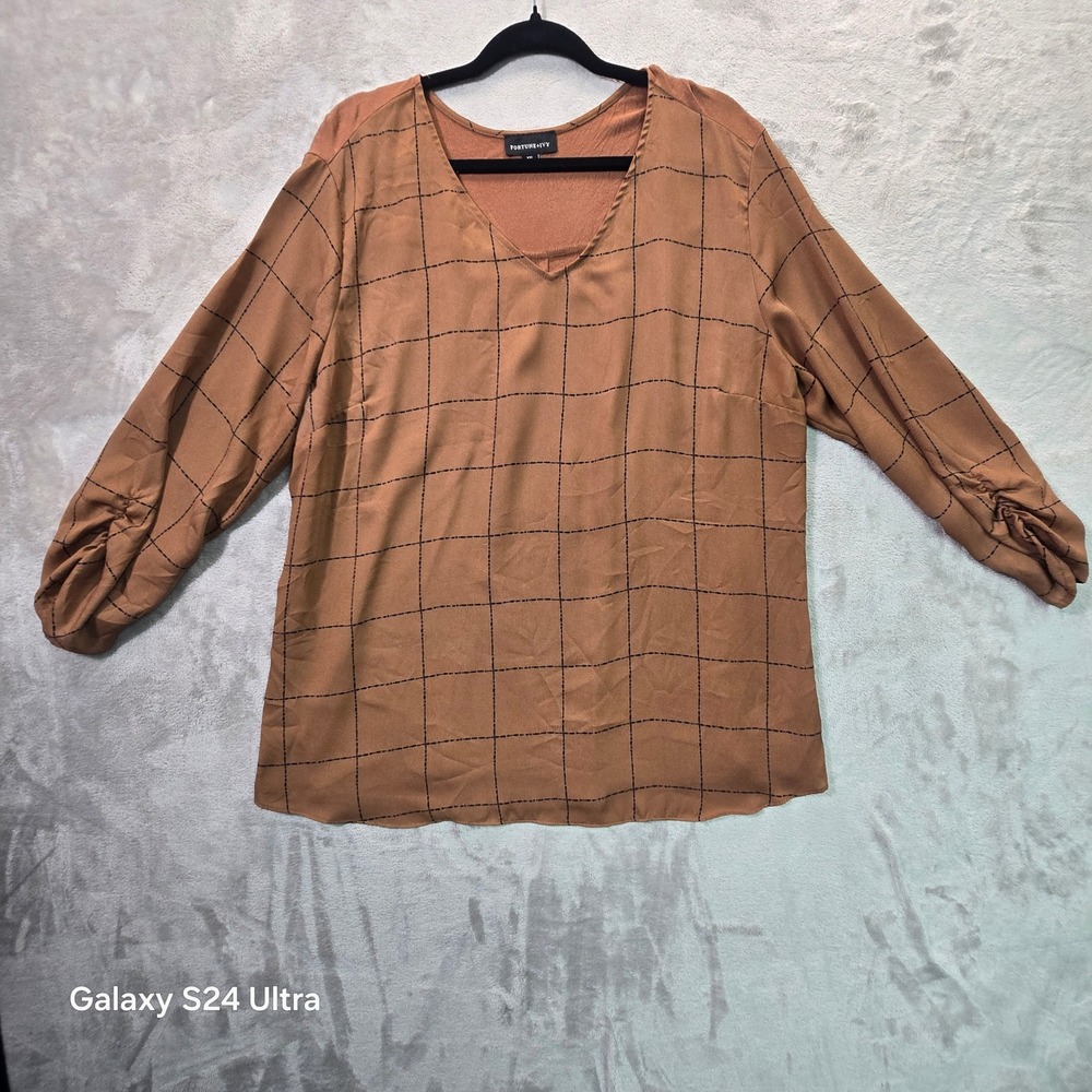 Fortune + Ivy Rust Brown Windowpane Mixed Media Ruched Sleeve Top XXL 1724K5U